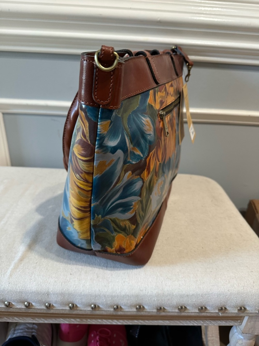 Patricia Nash Brown Trim Floral Tote with Teal and Mustard Blooms - Picture 2 of 4